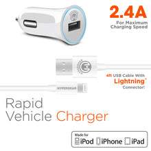 HyperGear 2.4A Rapid Vehicle Charger - Includes 4ft MFi Lightning Cable - White